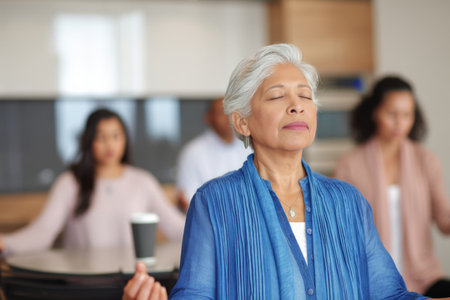Elderly Hispanic woman leading a quiet morning meditation group in the office break roomの素材