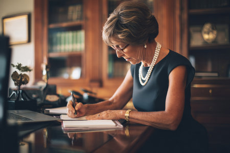Elderly Hispanic business woman making notes on a legal pad during a team meeting, her office a mix of classic and modern design with elegant wooden furniture, wearing a formal dark dress with a pearl necklace, showing expertise and leadershipの素材