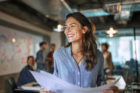 Hispanic middle-aged businesswoman smiling confidently while flipping through a product prototype presentation in a high-tech innovation hub. Her enthusiasm motivates her entire team.の素材