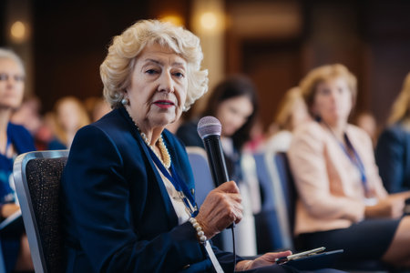 Elderly Caucasian businesswoman sitting on a panel for an industry conference. She wears a navy blue suit with pearls, microphones and audience visible, and she answers questions confidently.の素材