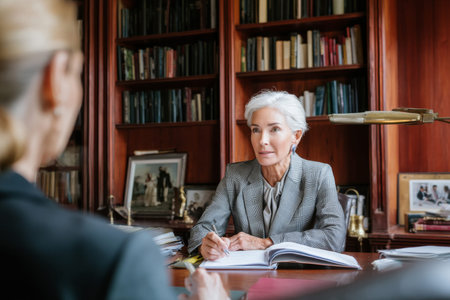 Elderly Caucasian business woman leading a one-on-one meeting in her sophisticated office, reviewing a project proposal with a colleague, with a large bookshelf and framed photographs in the background, dressed in a professional gray suitの素材