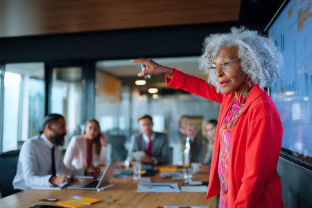 Elderly Black business woman in her office, discussing new business proposals with her team, standing at a podium and pointing to a presentation on the screen, dressed in a professional red jacket, the office spacious and stylishly furnishedの素材
