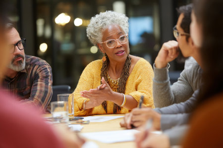 Elderly African-American woman facilitating a dialogue about corporate social responsibility, engaging peers in thoughtful discussionの素材