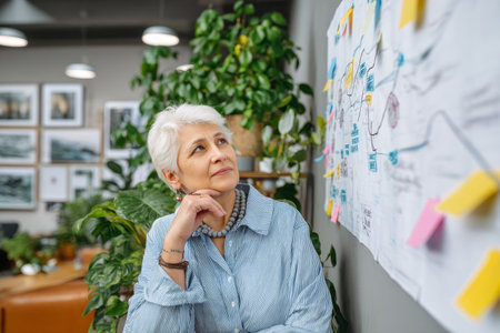 Elderly Hispanic businesswoman looking thoughtfully at a company roadmap chart pinned to the wall, surrounded by office plants and framed milestones celebrating years of leadershipの素材