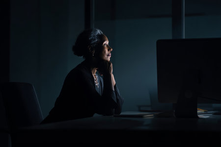 Mature Black businesswoman sitting at a standing desk in a dark, atmospheric office, illuminated only by the glow of her computer screen as she finalizes late-night strategy updates.の素材