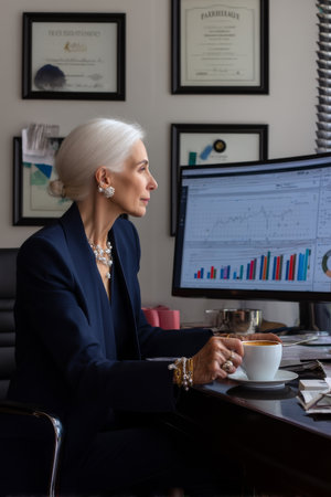 Mature Caucasian business woman reviewing financial reports on a large monitor in her private office, wearing a navy blazer and elegant jewelry, with an espresso on her desk and certificates on the wallの素材