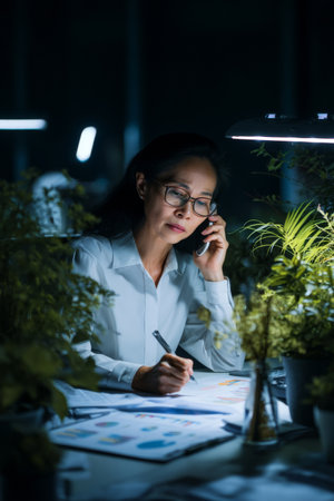 Middle-aged Asian businesswoman working late in a dimly lit office, illuminated by desk lamp, surrounded by printed analytics, phone to her ear, focused expression, plants in the background for a calming vibeの素材