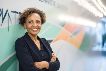 Middle-aged African-American businesswoman with a confident smile standing next to a company logo wall, arms crossed, exuding executive presence and visionary leadershipの素材