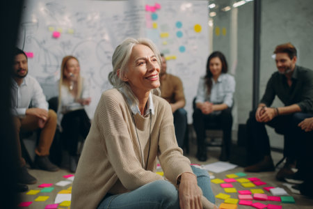 Middle-aged Caucasian businesswoman seated in a circular team huddle, participating in a project retrospective while offering thoughtful reflections, with sticky notes and whiteboard sketches all around.の素材