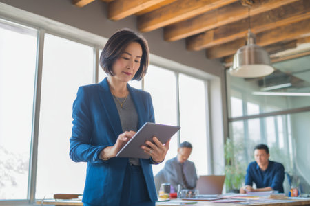 Middle-aged Asian business woman collaborating with her team in a modern office, discussing a new project over a digital tablet, dressed in a professional blue suit, the office sleek and well-organized with minimalist decor and natural light flooding in from large windowsの素材