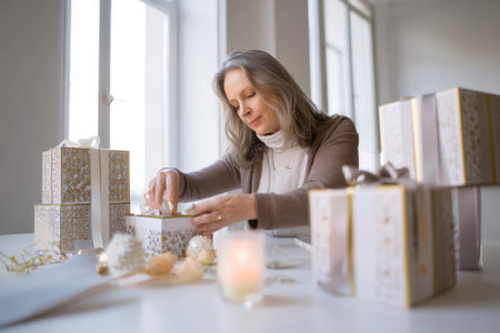 Mature Caucasian woman planning holiday gifts for clients, arranging corporate-branded boxes with elegant detailsの素材