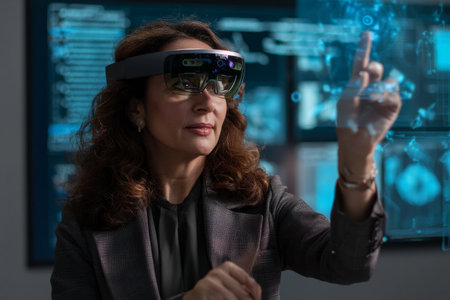 Mature Hispanic businesswoman using augmented reality glasses to present design mockups to her remote team. She surrounded by cutting-edge tech and wears a futuristic-looking blazer with structured shoulders.の素材