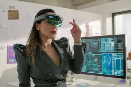 Mature Hispanic businesswoman using augmented reality glasses to present design mockups to her remote team. She surrounded by cutting-edge tech and wears a futuristic-looking blazer with structured shoulders.の素材