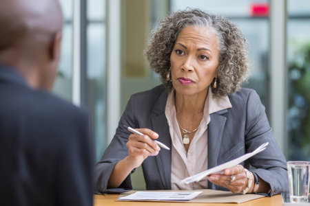 Middle-aged African-American businesswoman conducting interviews at a round table, holding a pen, reviewing resumes, and speaking with a poised and professional demeanor.の素材