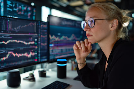 Middle-aged Caucasian business woman analyzing stock market trends at her workstation. Several large screens show fluctuating charts, she wears sleek black glasses, types with intent, and a digital assistant device listens in the background.の素材