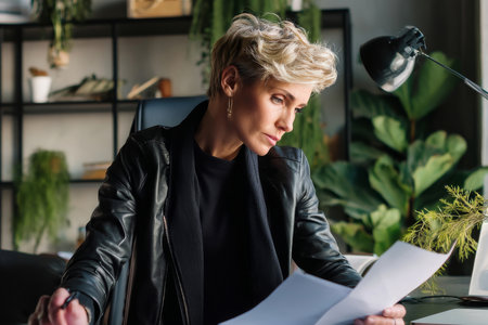 Middle-aged Caucasian business woman preparing a new business proposal in her office, reading through documents and making adjustments, dressed in a stylish black jacket, the office minimalistic with sleek furniture, natural lighting, and plants that promote a focused and calm work environmentの素材