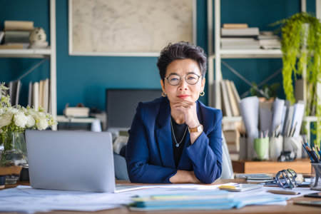 Middle-aged Asian business woman in her office, sitting at a desk covered with project documents and a laptop, engaged in a virtual meeting, wearing a navy blue suit and glasses, with a well-organized workspace in a corporate settingの素材
