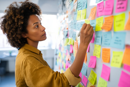 Middle-aged Black woman mapping customer journey stages with colorful notes, discussing user pain pointsの素材