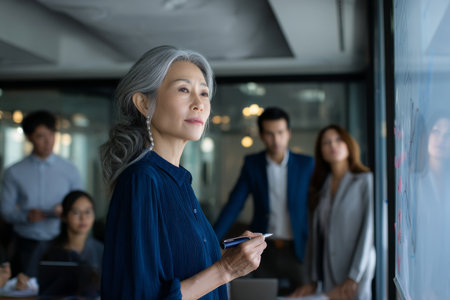 Middle-aged Asian business woman collaborating with her team, standing in front of a projector screen and discussing new strategies, dressed in a formal blue blouse, the office sleek and modern with clean lines, providing a professional and productive environmentの素材