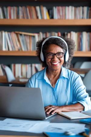 Middle-aged Black businesswoman holding a video call on a laptop in a modern office, smiling warmly, wearing a headset, surrounded by documents and a notepad, bookshelf in background, communicating with remote team membersの素材