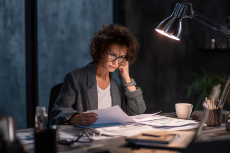 Middle-aged Hispanic business woman sitting at her office desk, deeply focused on reviewing reports, with a cup of coffee beside her and a modern desk lamp illuminating the workspace, dressed in a smart jacket and glassesの素材