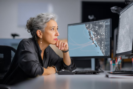 Mature Hispanic businesswoman analyzing cross-border shipping issues, comparing logistics software on two monitorsの素材