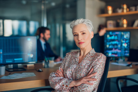Middle-aged Caucasian business woman sitting in her office, conducting a meeting with her colleagues, dressed in a professional blouse, surrounded by digital monitors displaying important data, the office minimalist with clean lines and modern design elementsの素材