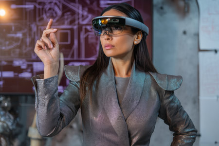 Mature Hispanic businesswoman using augmented reality glasses to present design mockups to her remote team. She surrounded by cutting-edge tech and wears a futuristic-looking blazer with structured shoulders.の素材