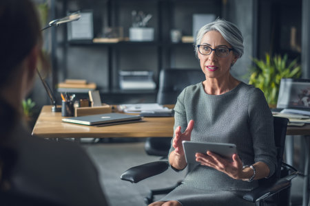 Middle-aged Caucasian business woman conducting a one-on-one meeting with a colleague, sitting at her desk with a tablet in hand, dressed in a professional gray dress, her office modern and organized with a calming atmosphere conducive to productive workの素材