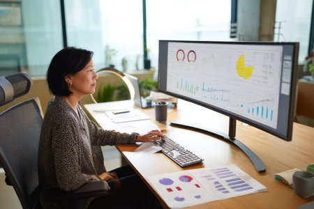 Middle-aged Asian businesswoman analyzing charts and data on a large monitor, sitting upright at an ergonomic desk setup, financial reports spread out, in a quiet modern officeの素材