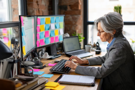 Mature Caucasian businesswoman typing on a keyboard with dual monitors, post-it notes and planner nearby, dressed in smart casual style, multitasking in a well-organized workspaceの素材