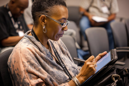 Middle-aged African-American woman attending a training session on digital storytelling, taking notes on a tabletの素材