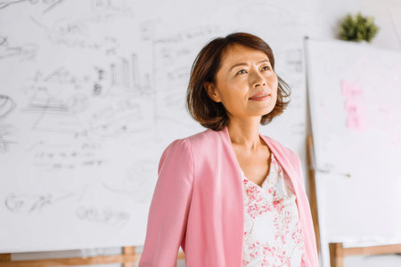 Middle-aged Asian businesswoman on a coaching call, whiteboard filled with goals behind her, giving career advice and empowerment strategies with clarity and warmthの素材