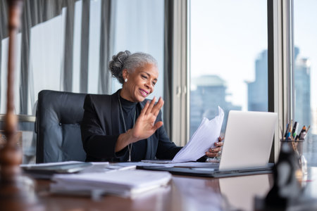 Middle-aged African-American business woman in a well-organized office, conducting a video call with her team while reviewing documents, dressed in a black suit, surrounded by professional decor, with a window showing a city skylineの素材