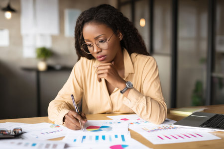 Middle-aged Black woman analyzing competitive positioning charts, making notes on shifting market opportunitiesの素材