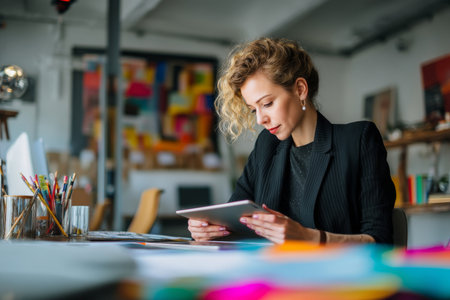 Middle-aged Caucasian business woman working in a creative environment, reviewing design proposals on her tablet at her desk, dressed in a stylish black jacket, the office modern with colorful decor and plenty of natural light, creating a fresh and inspiring workspace for innovationの素材