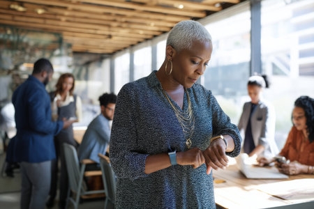 Middle-aged Black businesswoman checking her smartwatch while on a call, moving through a coworking space filled with other professionals, highlighting fast-paced modern office lifeの素材