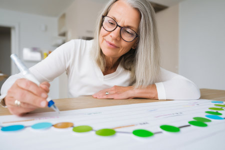 Middle-aged Caucasian woman mapping sustainability goals on a timeline, marking green milestones for the yearの素材