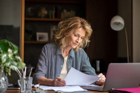 Middle-aged Caucasian woman finalizing vendor contracts, discussing terms with procurement over a neatly organized deskの素材