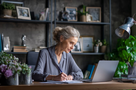 Middle-aged Caucasian business woman working from her office, reading emails on her laptop while taking notes on a notepad, dressed in a smart gray blouse, her workspace organized and filled with personal touches like plants and framed photosの素材