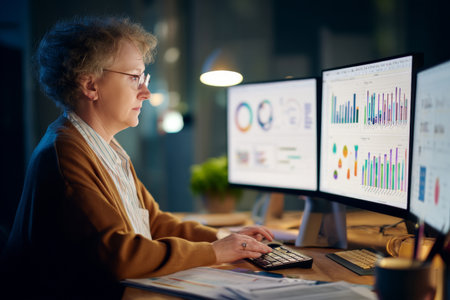 Mature Caucasian woman preparing quarterly budgets, analyzing financial dashboards with spreadsheets open on dual monitorsの素材
