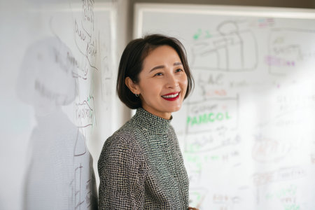 Middle-aged Asian businesswoman on a coaching call, whiteboard filled with goals behind her, giving career advice and empowerment strategies with clarity and warmthの素材