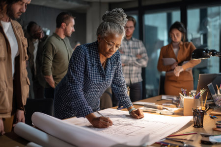 Mature Black businesswoman reviewing architectural blueprints on her desk, surrounded by team members offering feedback. The room feels dynamic, filled with creative energy and teamwork.の素材