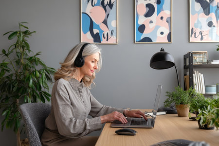 Middle-aged Caucasian business woman sitting at a modern office desk, preparing for a conference call, with headphones on, typing away on her laptop, surrounded by motivational art prints and a clean, organized workspaceの素材