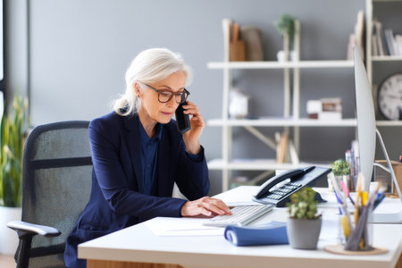 Mature Caucasian business woman sitting at her desk in a modern office, speaking on the phone while checking emails on her computer, dressed in a navy blue suit and glasses, surrounded by neutral decor and organizational tools for efficiencyの素材