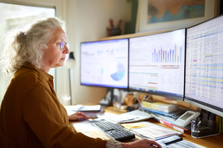 Mature Caucasian woman preparing quarterly budgets, analyzing financial dashboards with spreadsheets open on dual monitorsの素材