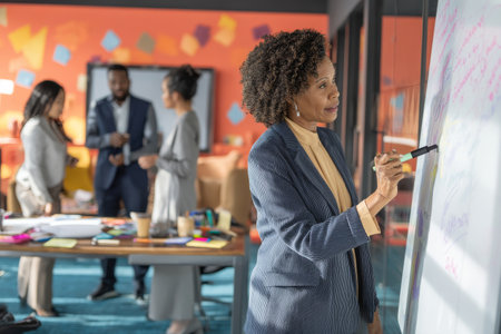 Middle-aged Black business woman conducting a brainstorming session in her office, standing at a whiteboard and discussing ideas with her colleagues, dressed in a formal blazer and blouse, her office clean and organized with contemporary furniture and vibrant decorの素材