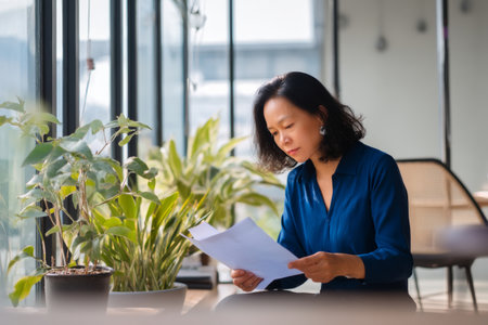 Middle-aged Asian business woman reviewing her team progress reports in her office, dressed in a formal blue blouse, the office well-lit with natural light streaming in from large windows, and decorated with plants and sleek modern furniture for a calm, productive atmosphereの素材