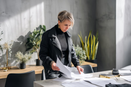 Middle-aged Caucasian business woman preparing a new business proposal in her office, reading through documents and making adjustments, dressed in a stylish black jacket, the office minimalistic with sleek furniture, natural lighting, and plants that promote a focused and calm work environmentの素材