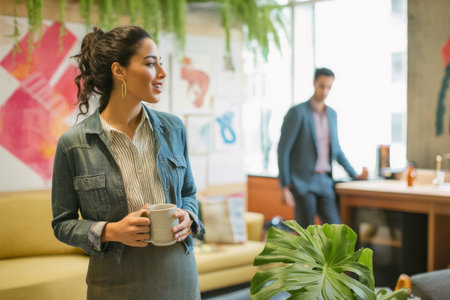 Young adult Hispanic businesswoman conversing with a colleague during an informal coffee break, holding a mug in a cozy office corner decorated with posters and plantsの素材